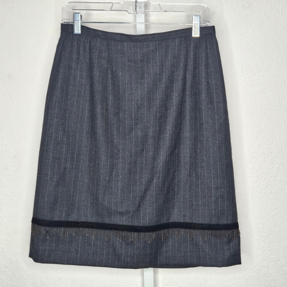 Vintage Benard Couture Gray Wool Pinstripe Skirt Fringe‎ Hem Designer Size 10